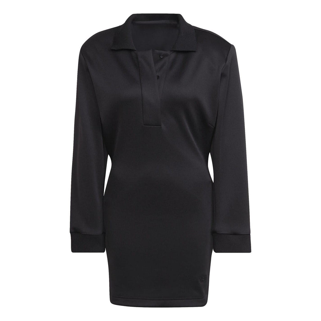 Black polo-style spacer dress with long sleeves and mini length, front button placket.