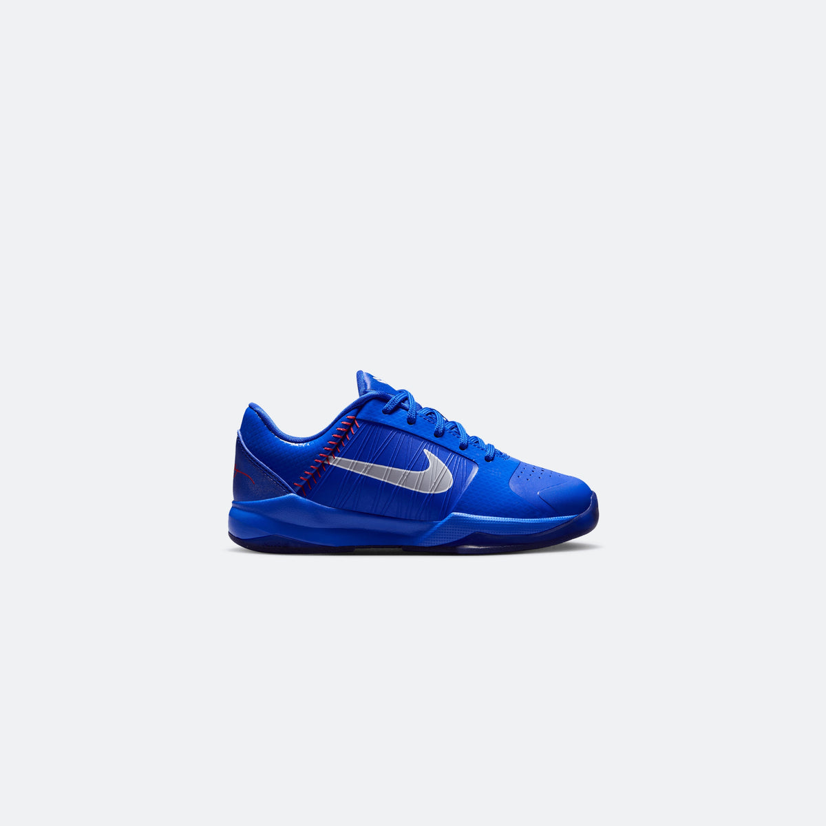 Blue Nike Kobe V low-top kids basketball shoe with white Swoosh and laced upper