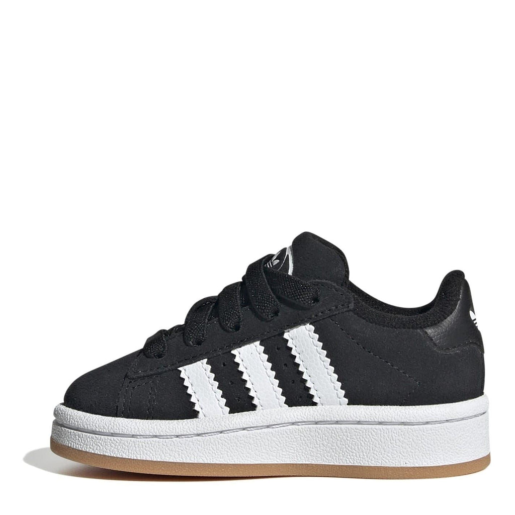 Black low-top lace-up sneakers with three white stripes on side and white sole.