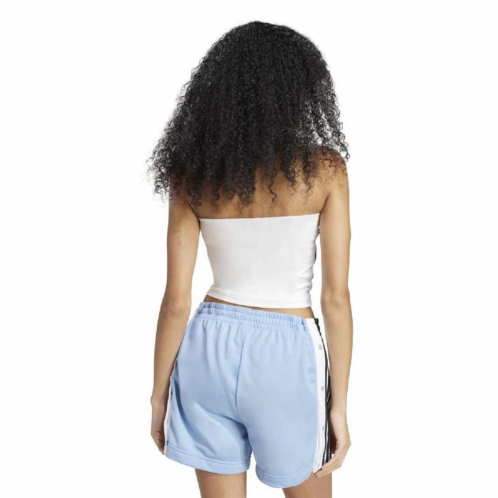 Women’s white strapless tube top with black 3-stripe detail at side seam