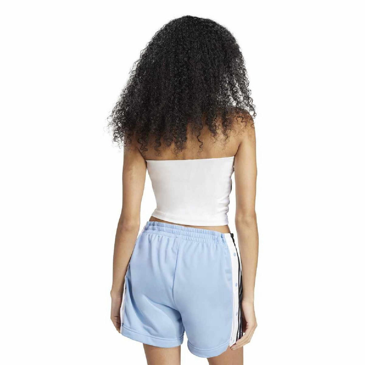 Women’s white strapless tube top with black 3-stripe detail at side seam