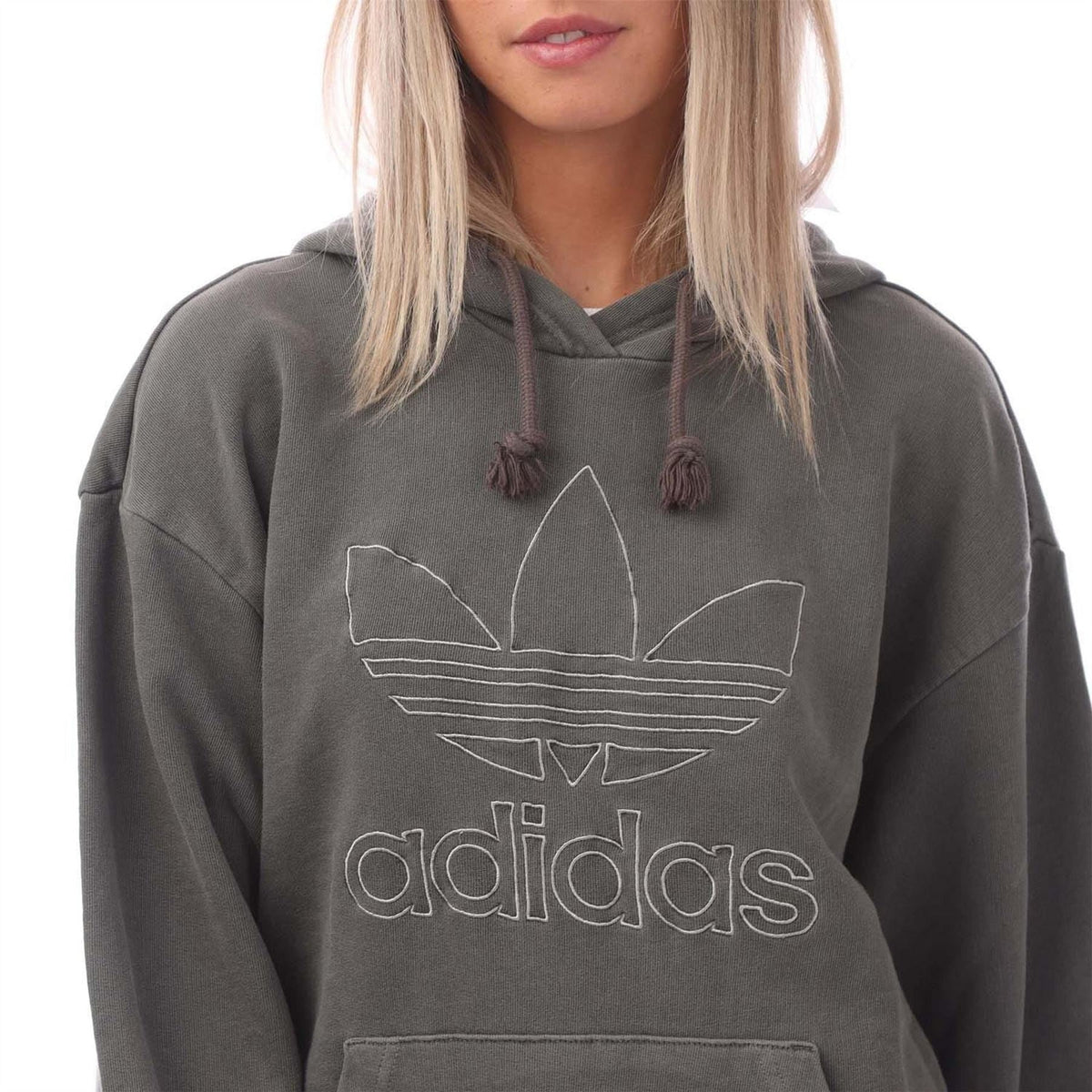 Charcoal hoodie front with large adidas logo, graphic artwork, tassel drawstrings