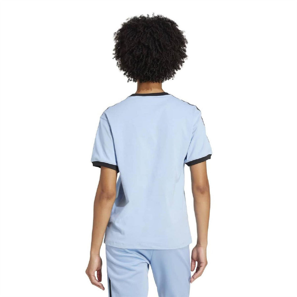 ash blue crew neck adidas jersey T-shirt, back view with black collar and stripe trim