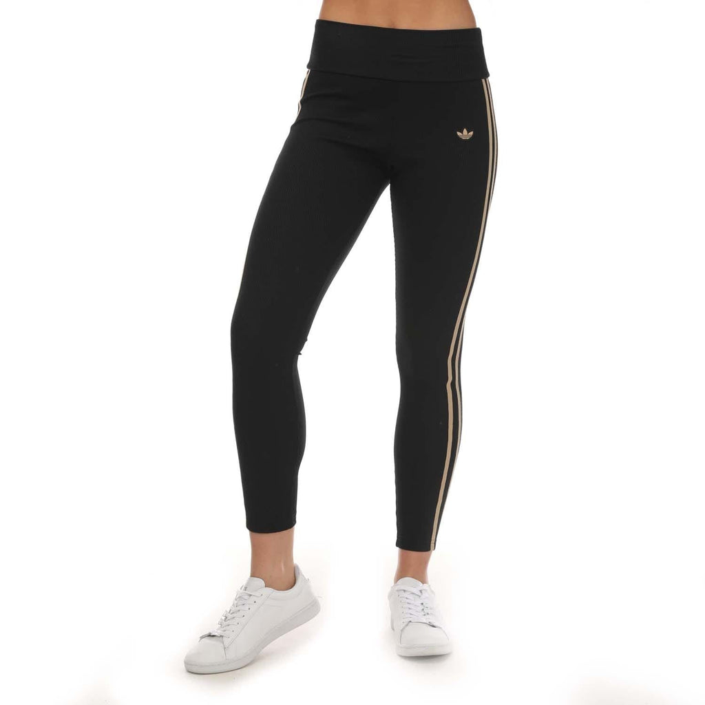 Black adidas Originals 3-stripe leggings with side gold stripes and ankle length
