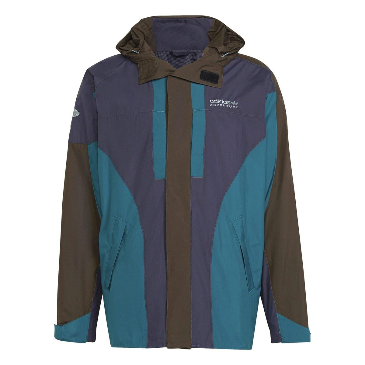 adidas Originals hooded jacket, full-zip, blue and dark brown striped panels