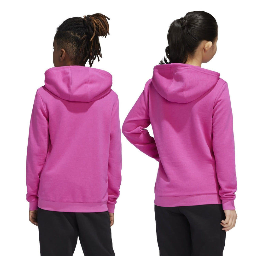 Pink junior trefoil hoodie with hood and kangaroo pocket, back view