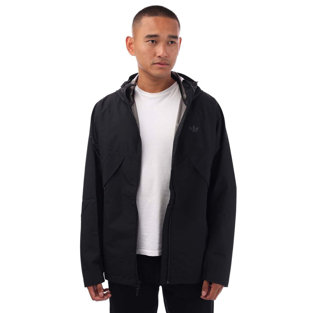 Black adidas Originals tech shell skateboarding jacket with hood, full front zipper