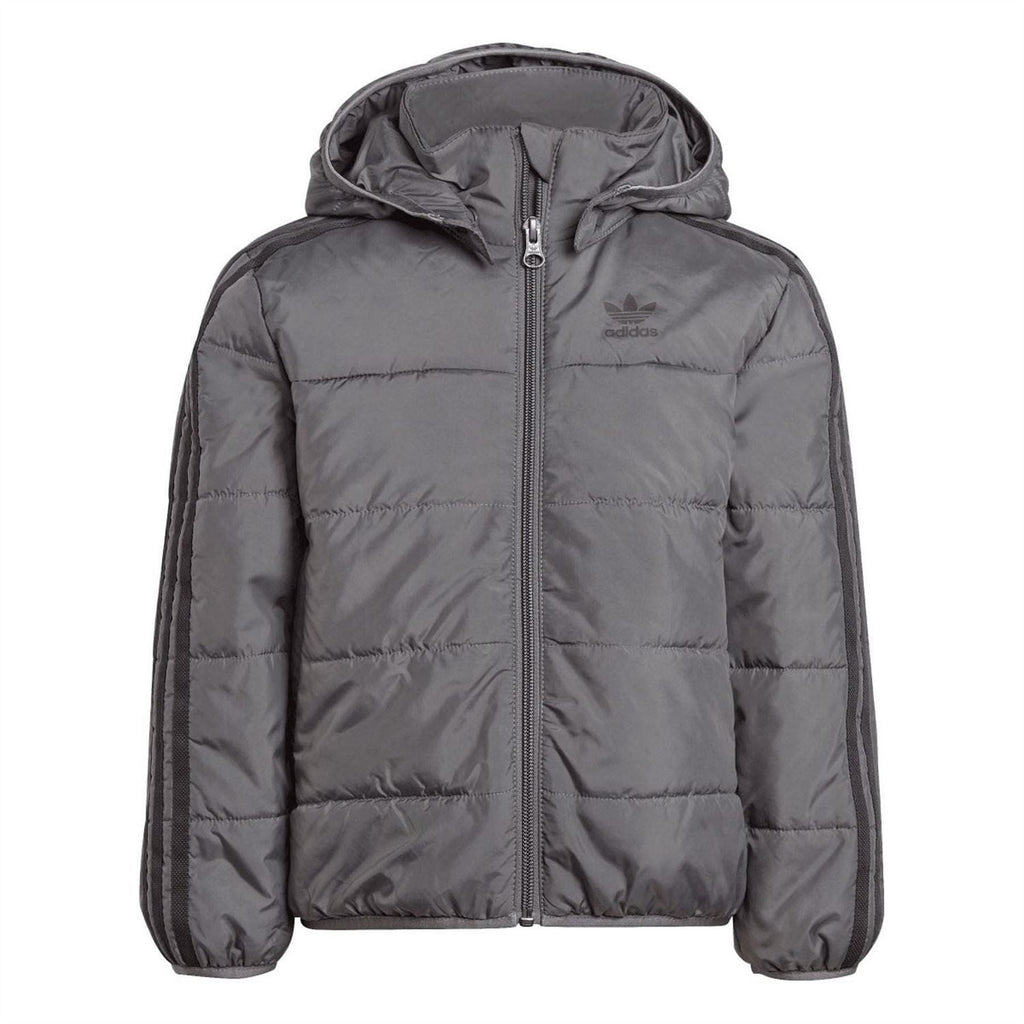 Dark grey kids padded jacket with attached hood and center front zipper