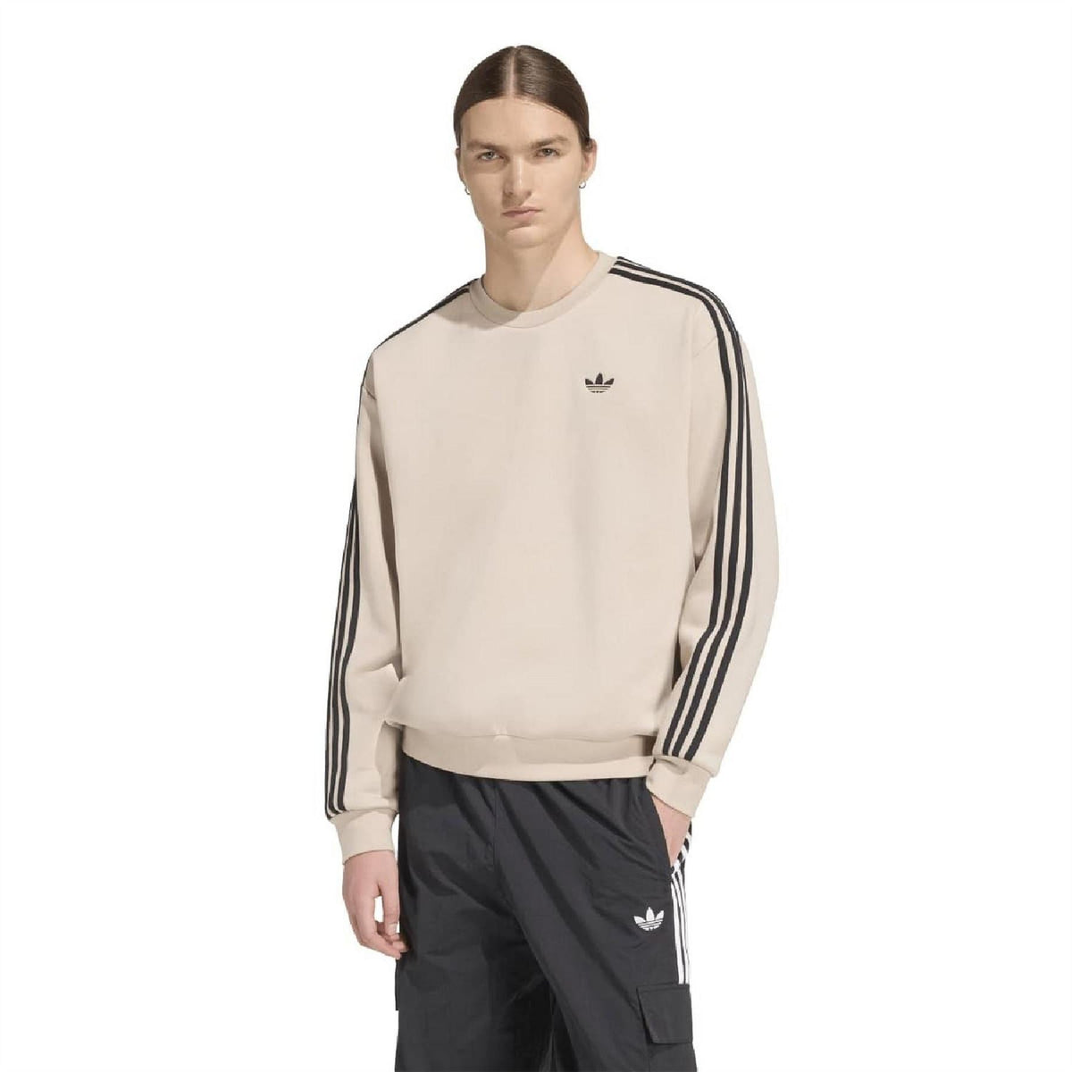 adidas stone khaki oversized sweatshirt, crew neck with black triple sleeve stripes