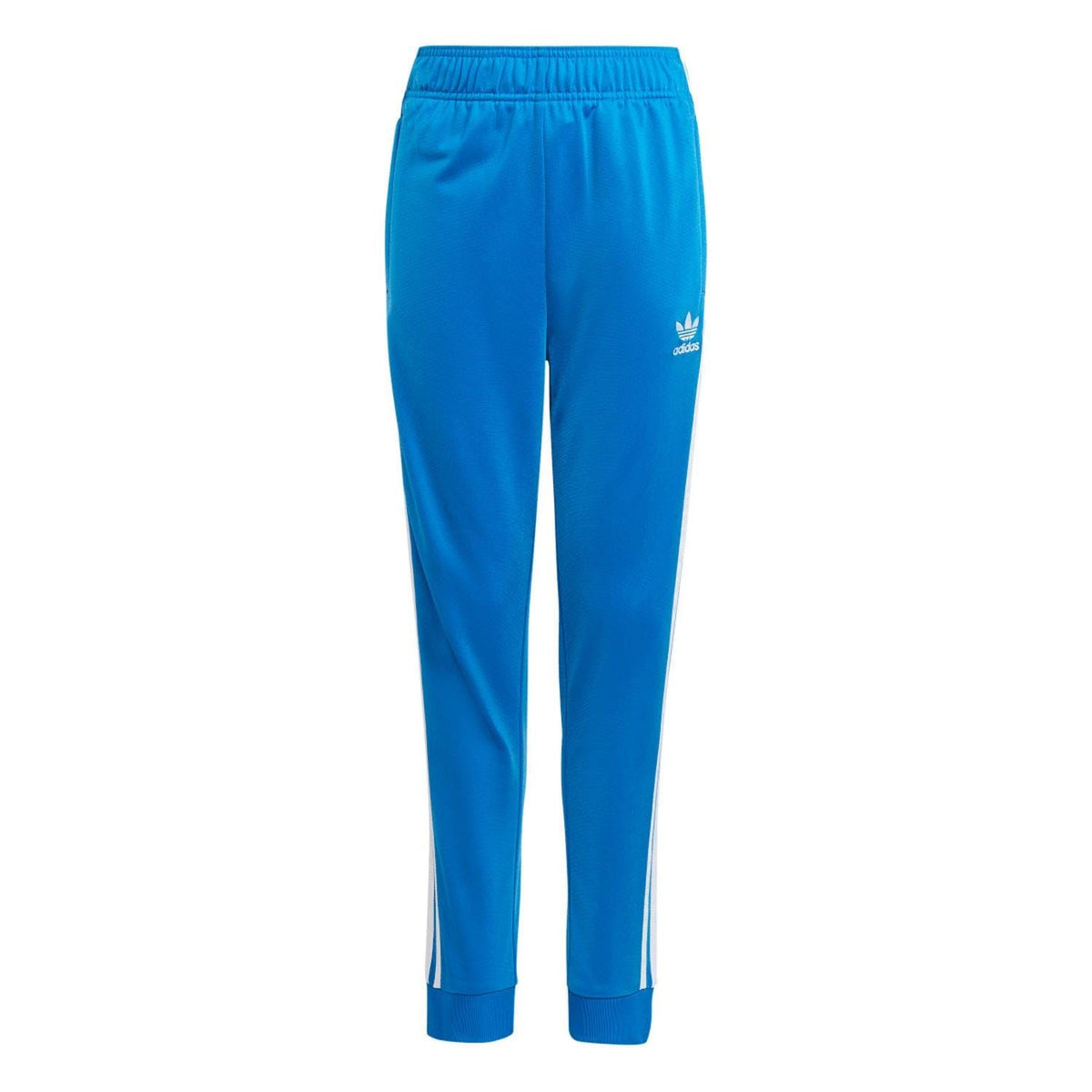 Blue kids track pants with white side stripes and ribbed ankle cuffs