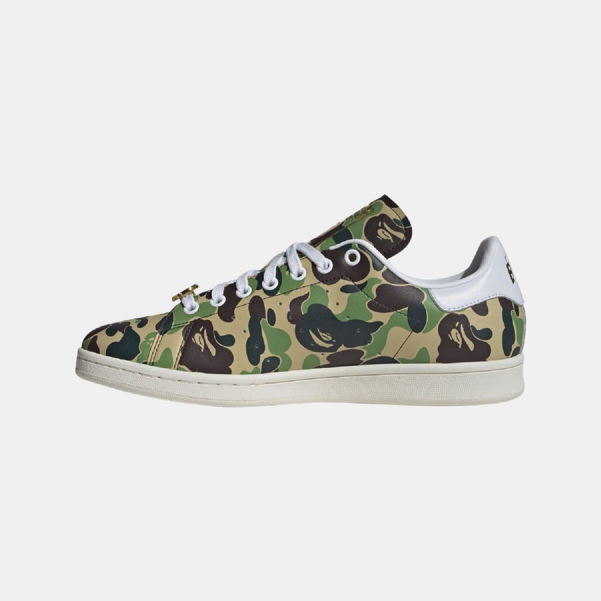 adidas Originals Bape Stan Smith sneakers, white footwear with Bape camo accents and classic Adidas design, close-up view of shoes