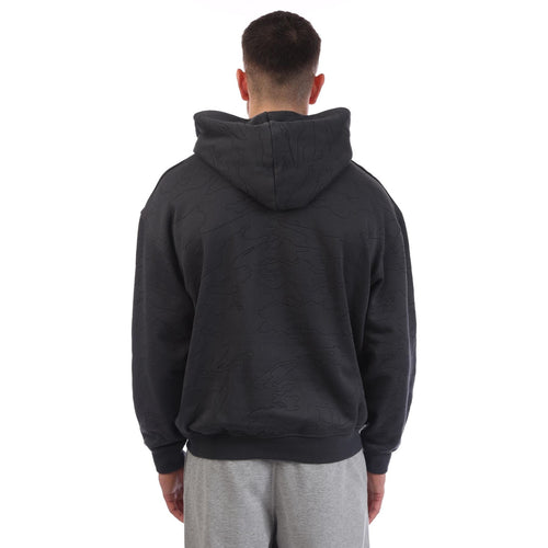 Black pullover hoodie, back view with hood and kangaroo pocket opening