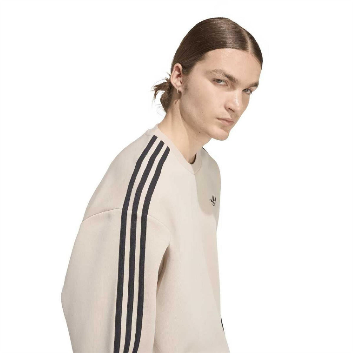 Close-up of adidas stone khaki sweatshirt with black 3-stripe sleeve and small logo