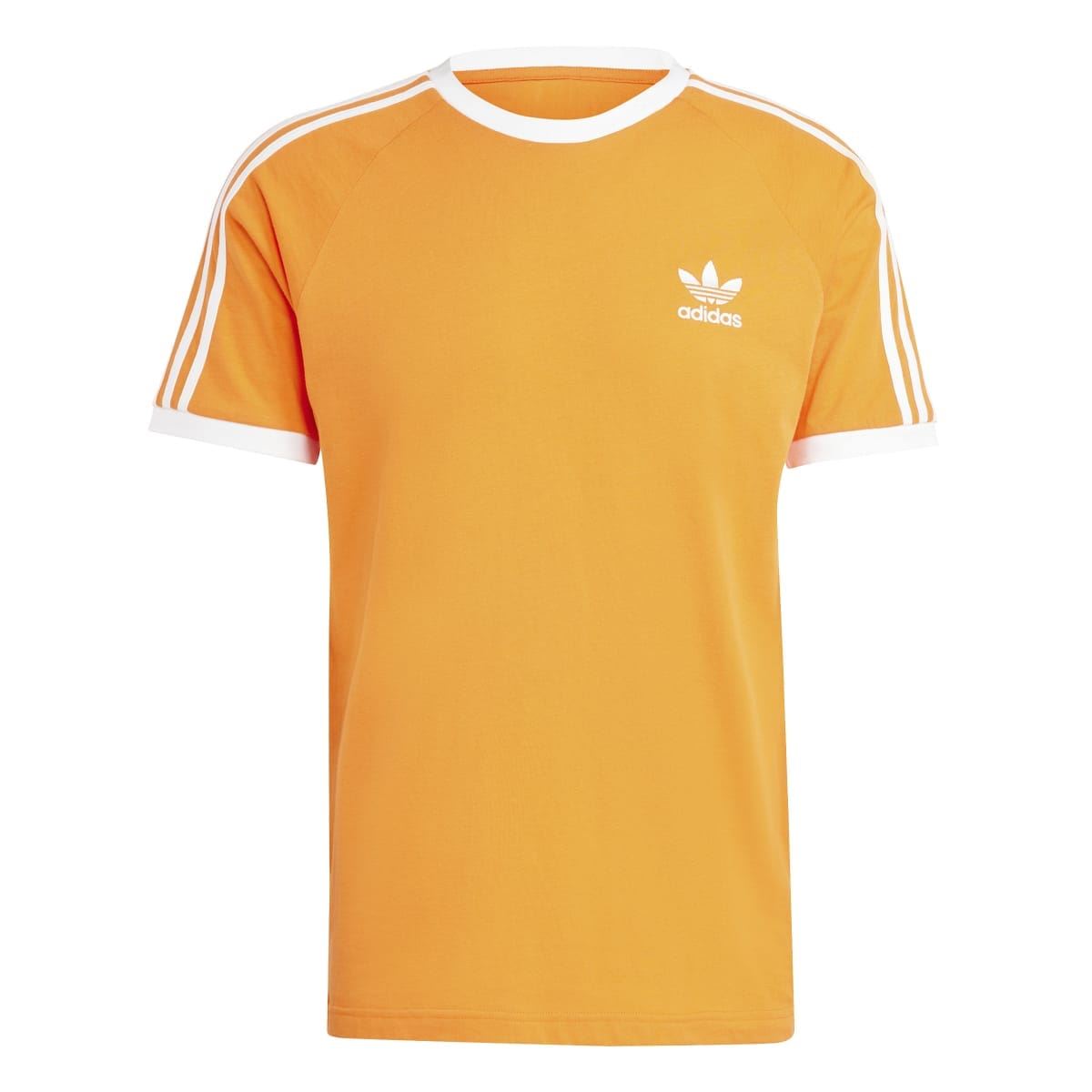 Orange adidas Originals Adicolor T-shirt front view, white collar and 3-stripe sleeves