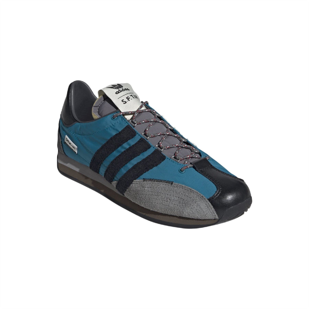 Teal and gray lace-up low-top trainers with black leather heel and three stripe design