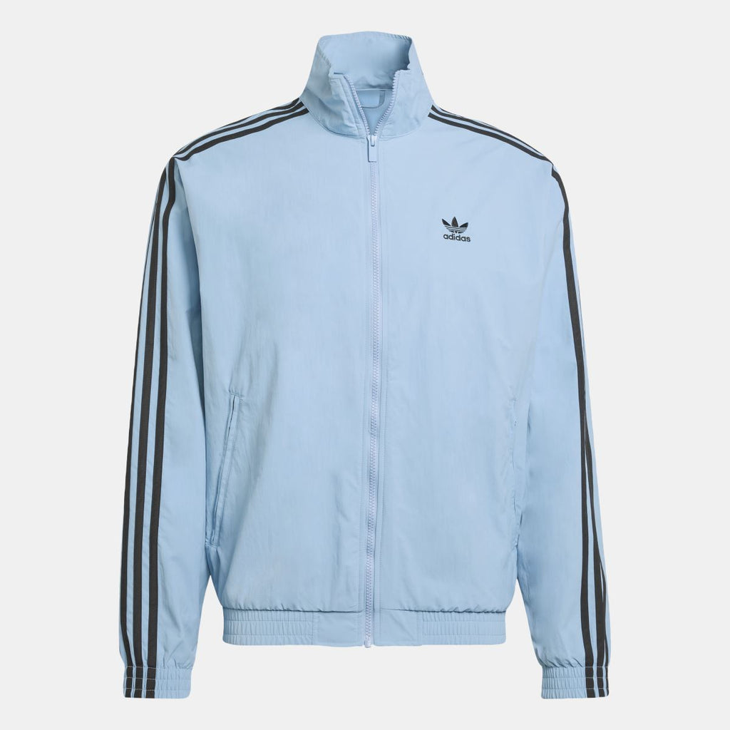 Light blue zip-up track jacket with stand collar and black side stripe sleeves