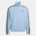 Light blue zip-up track jacket with stand collar and black side stripe sleeves