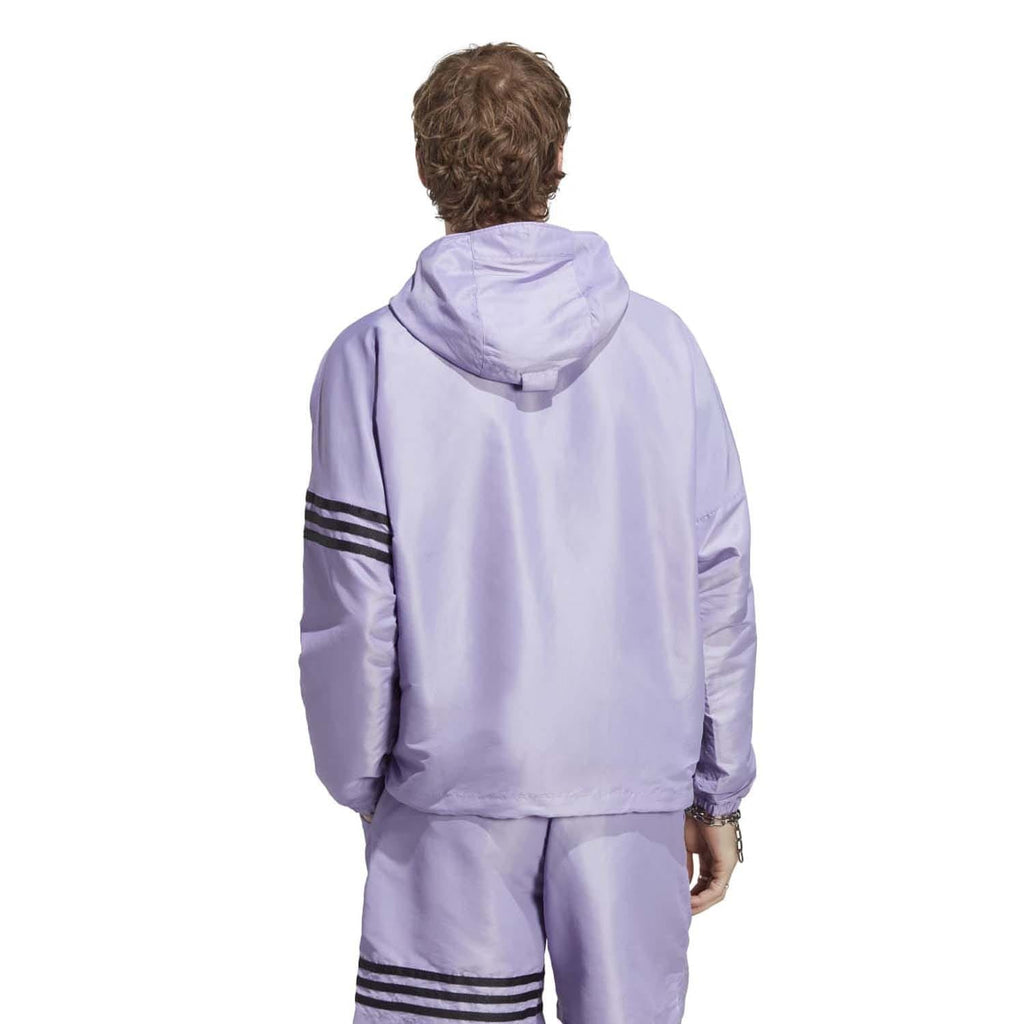 Lilac windbreaker with hood and contrast triple-stripe detail on sleeves