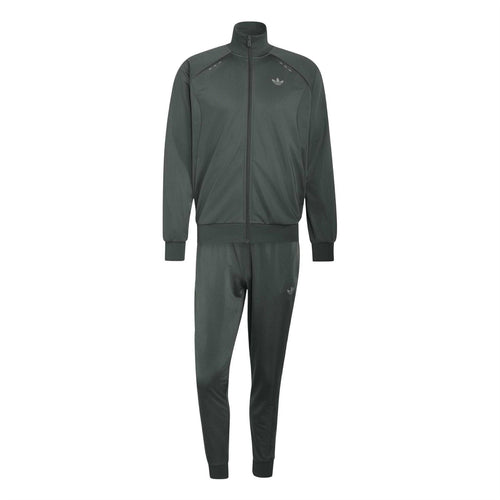 Track jacket and pants set with high collar, zip front, and cuffs, dark green