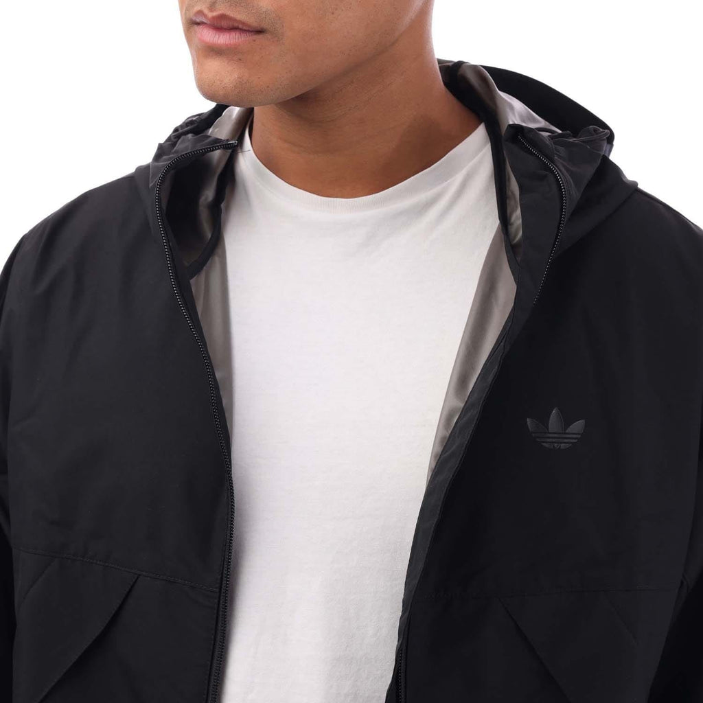 Black jacket hood and full-zip front with adidas logo at chest