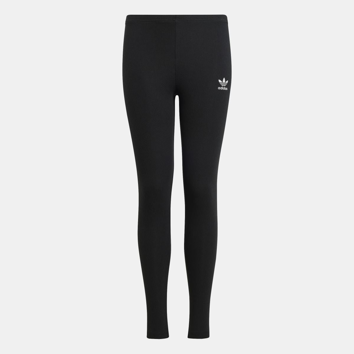 Black ribbed juniors leggings with adidas trefoil logo, full-length pull-on