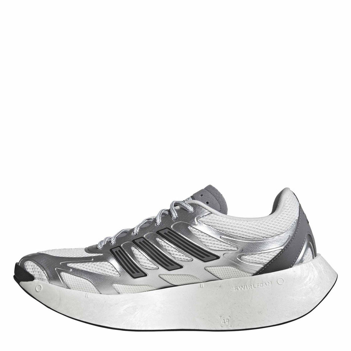 Silver running shoe side profile with black adidas-style stripes and lace-up upper