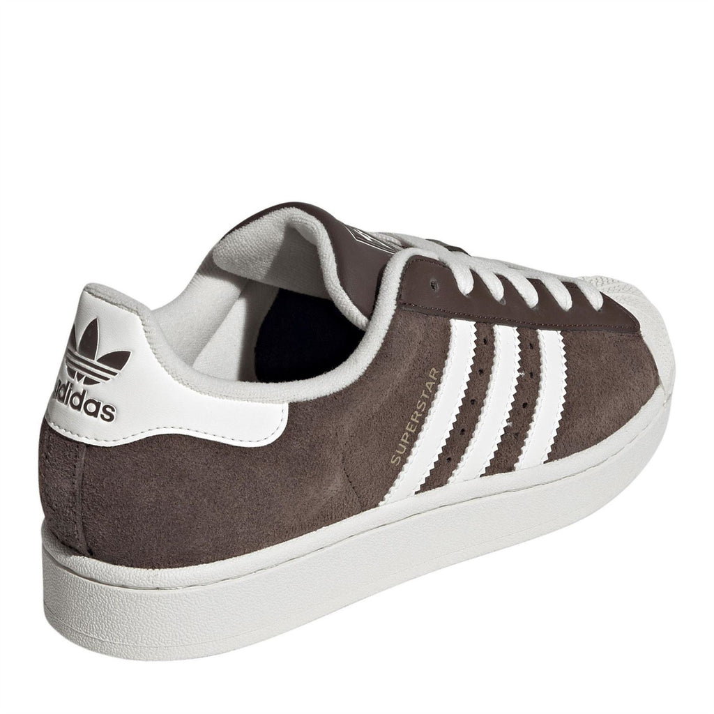 adidas Originals Superstar II sneakers, dark brown suede with white heel tab and striped sides