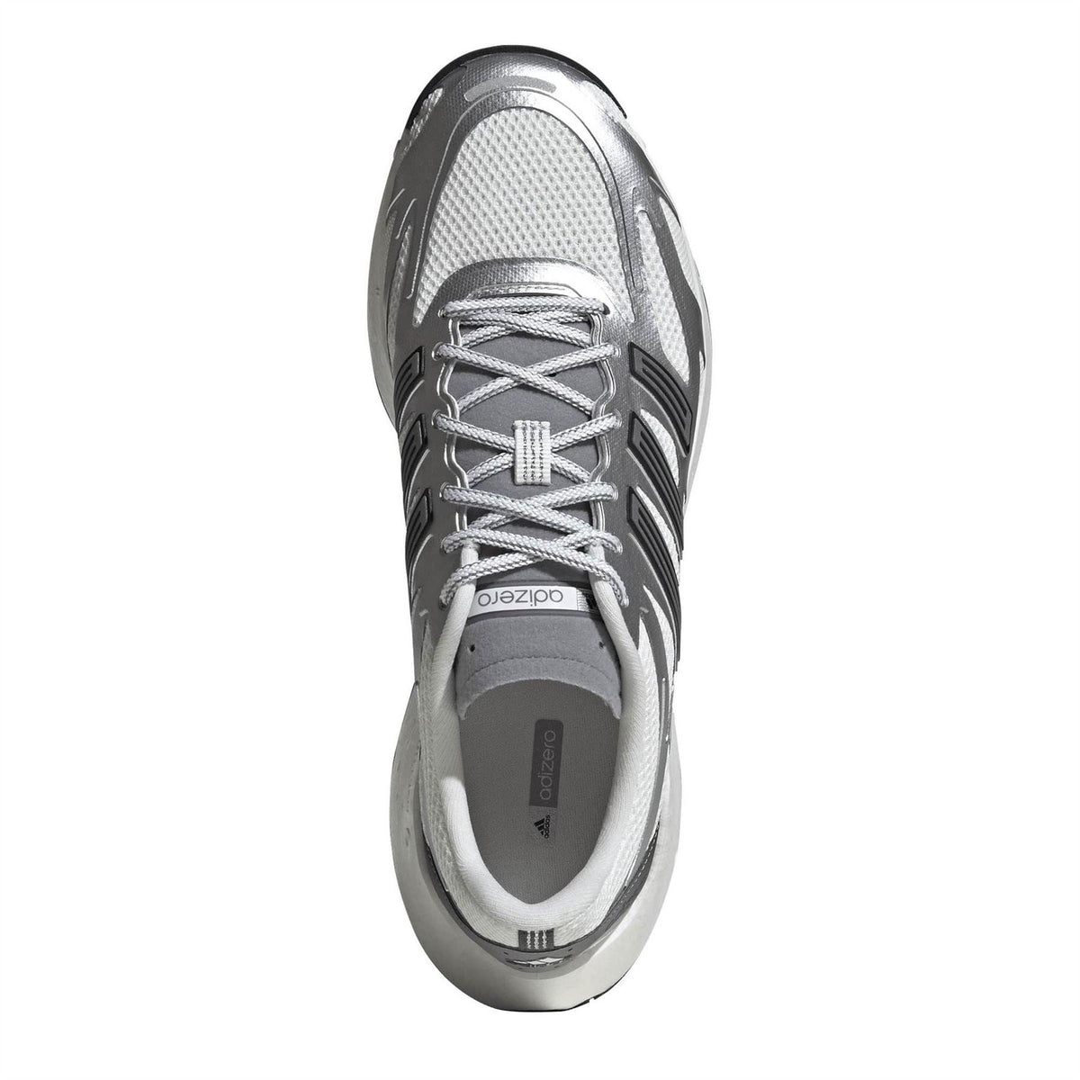 Silver lace-up running shoe with mesh upper and dark trim at toe and heel
