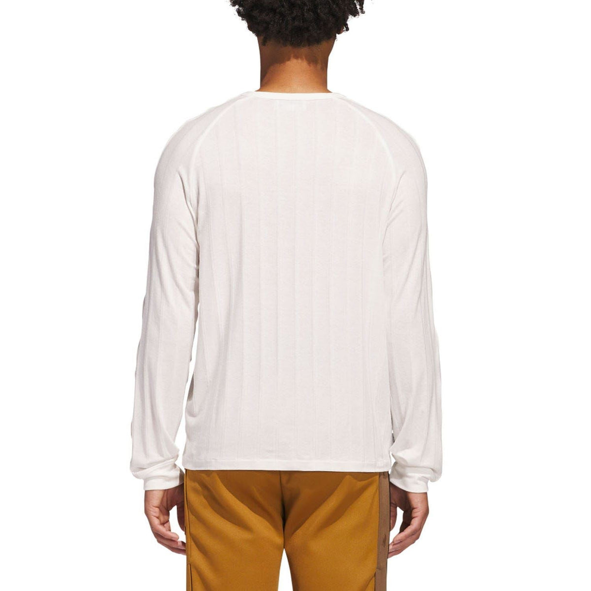 White ribbed long-sleeve crewneck t-shirt, back view with straight hem