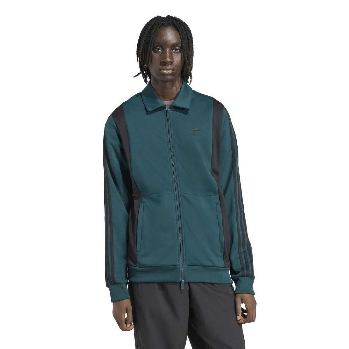 adidas Originals teal zip-up track jacket with striped panels, worn with dark pants