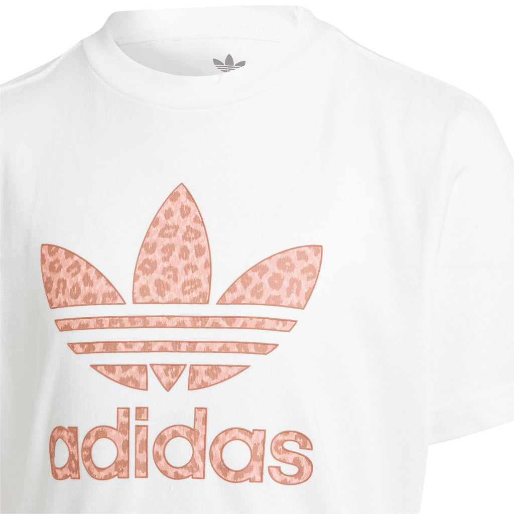 Infant white adidas graphic T-shirt close-up: rose-pink trefoil and adidas wordmark