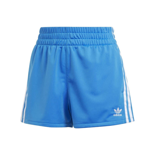 Blue Adidas Originals shorts with three white side stripes and elastic waistband