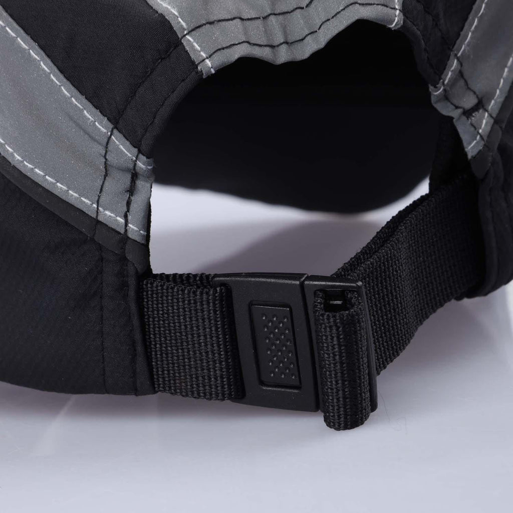 Black adjustable cap strap with plastic buckle and inner lining
