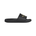 Black slide sandals with wide strap and gold logo print