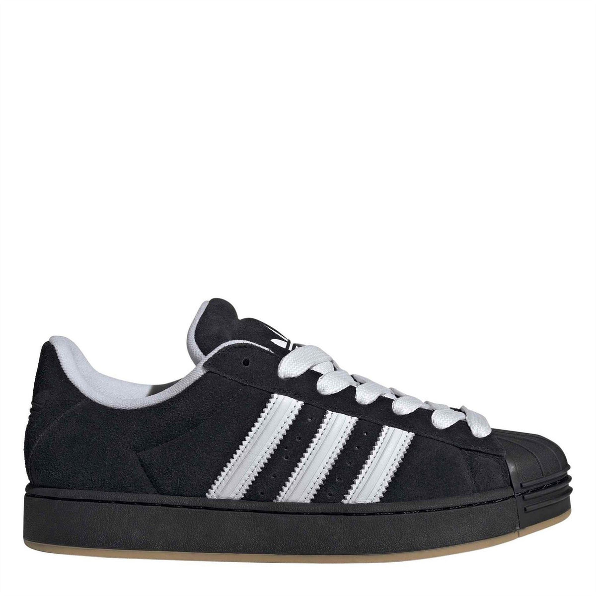 Black adidas low-top sneakers with white three-stripe detailing, lace-up front, gum sole
