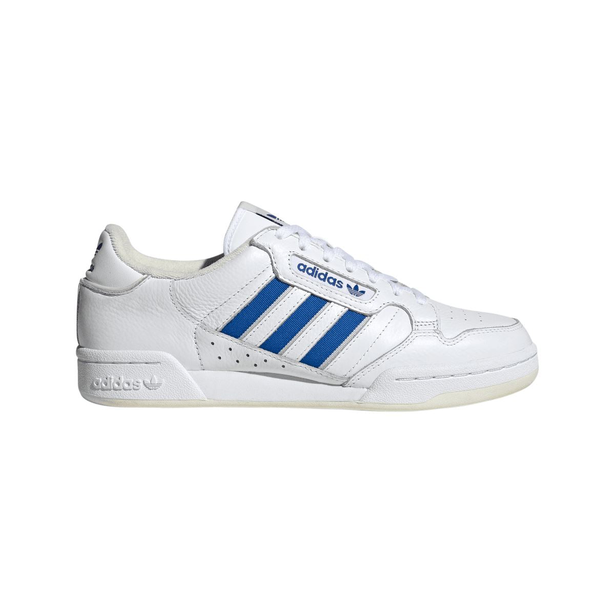 White adidas Originals Continental 80 low-top trainers with blue three stripes