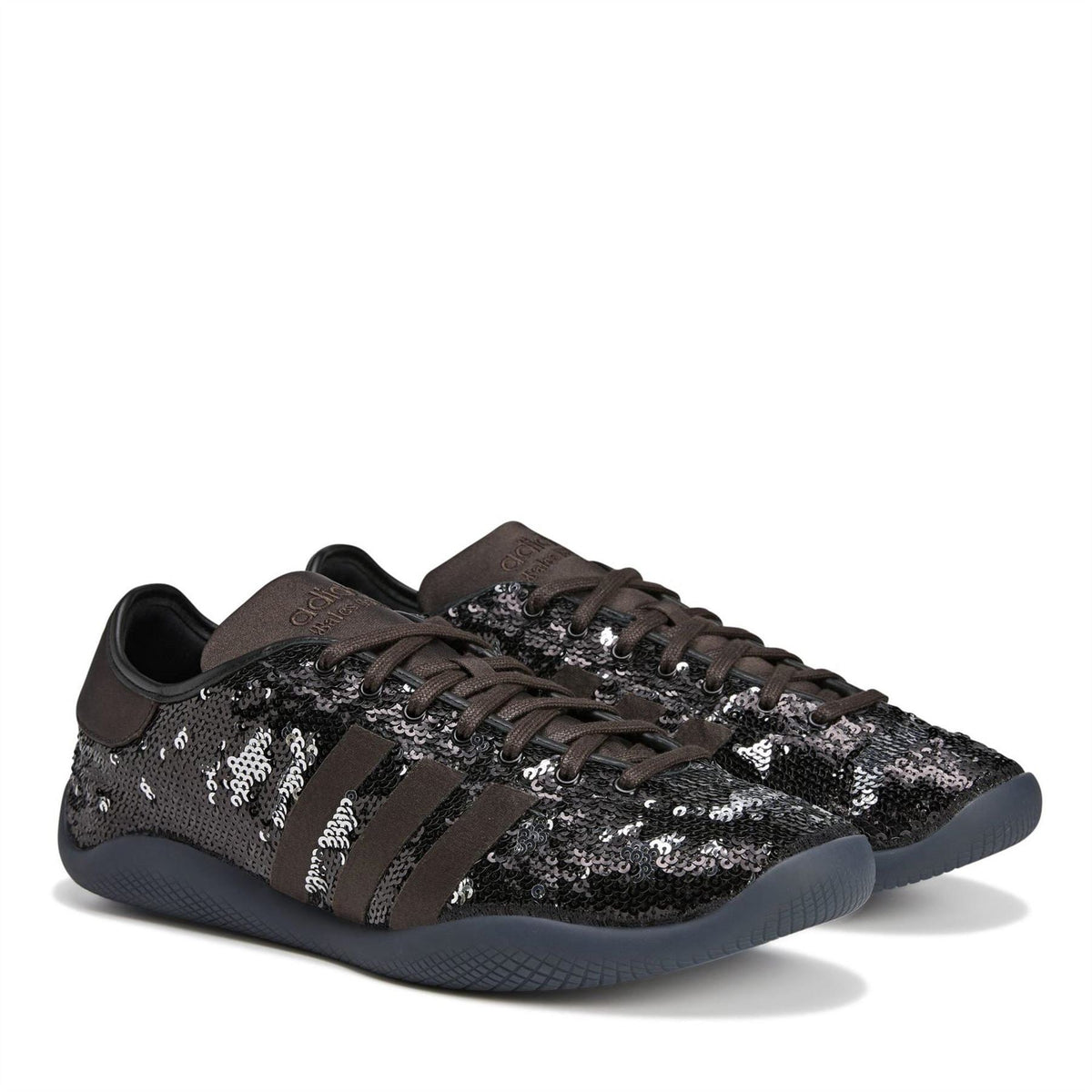 Core Black sequin lace-up sneakers with three stripes and dark cushioned sole
