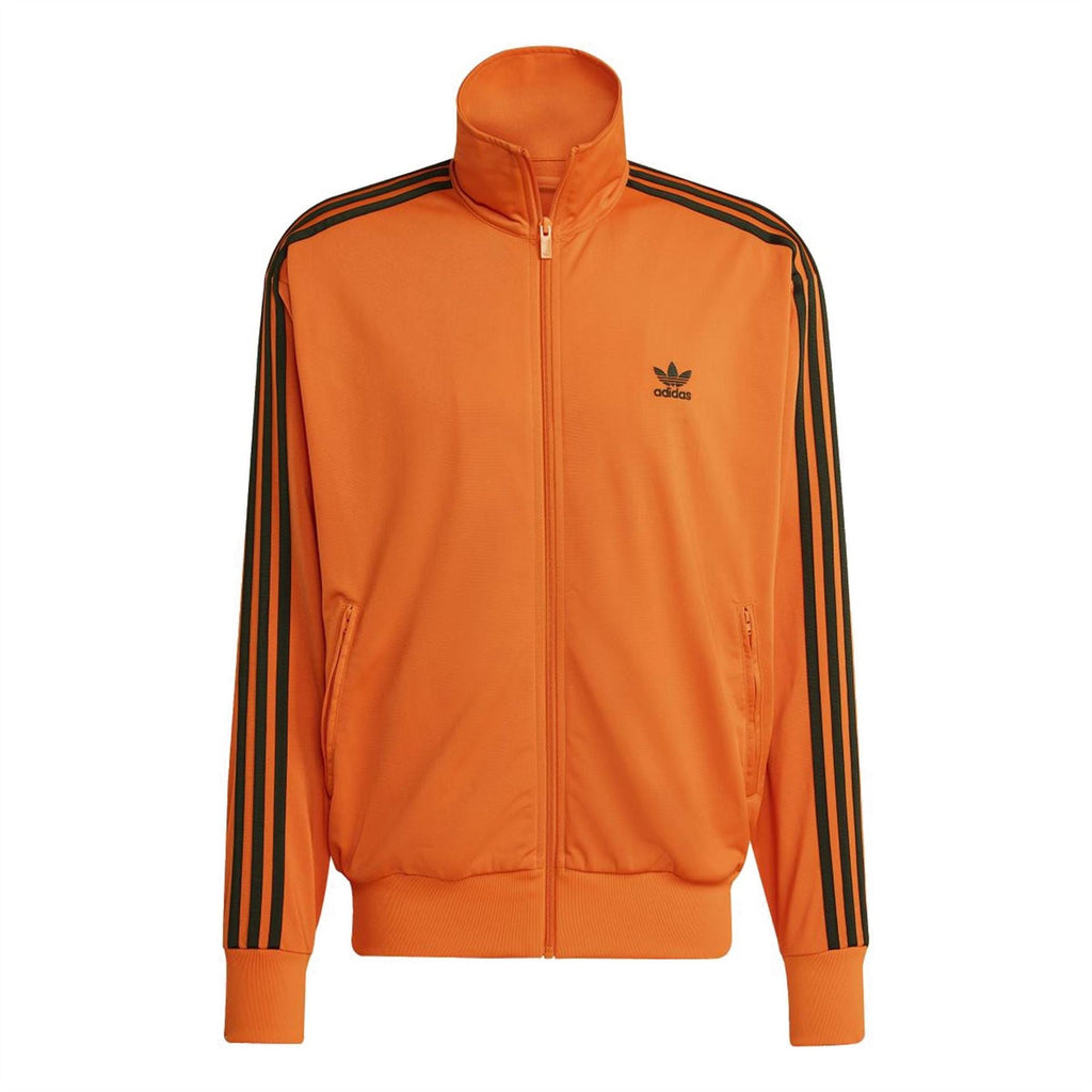 Orange adidas Originals track top with full zip, stand collar, and black shoulder stripes