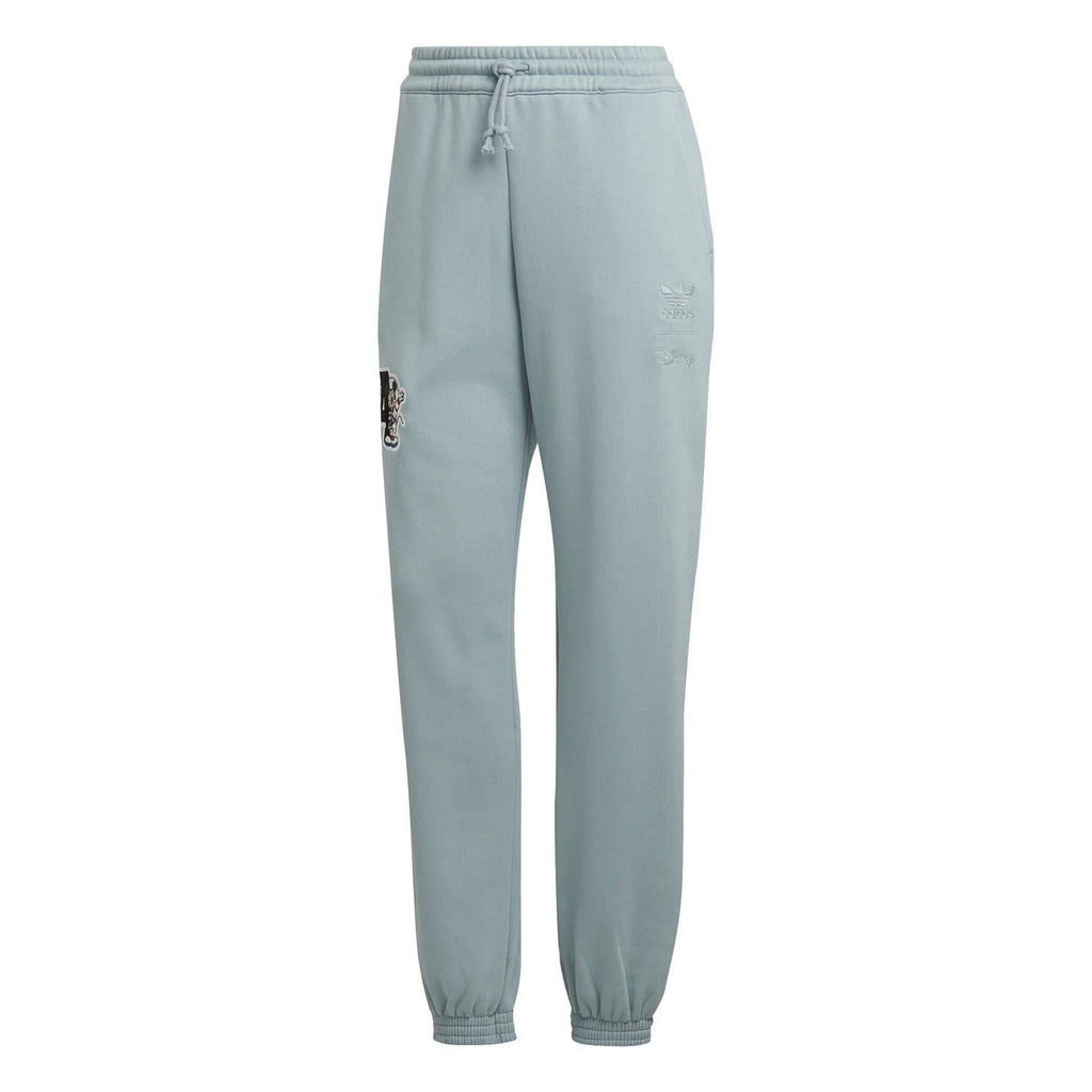 Grey joggers with drawstring waist, elastic cuffs, and Mickey Mouse side patch