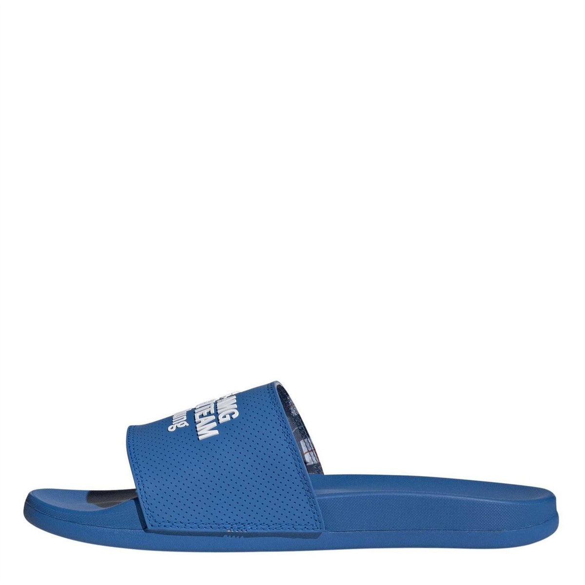 Blue slide sandal with perforated strap and contoured cushioned footbed