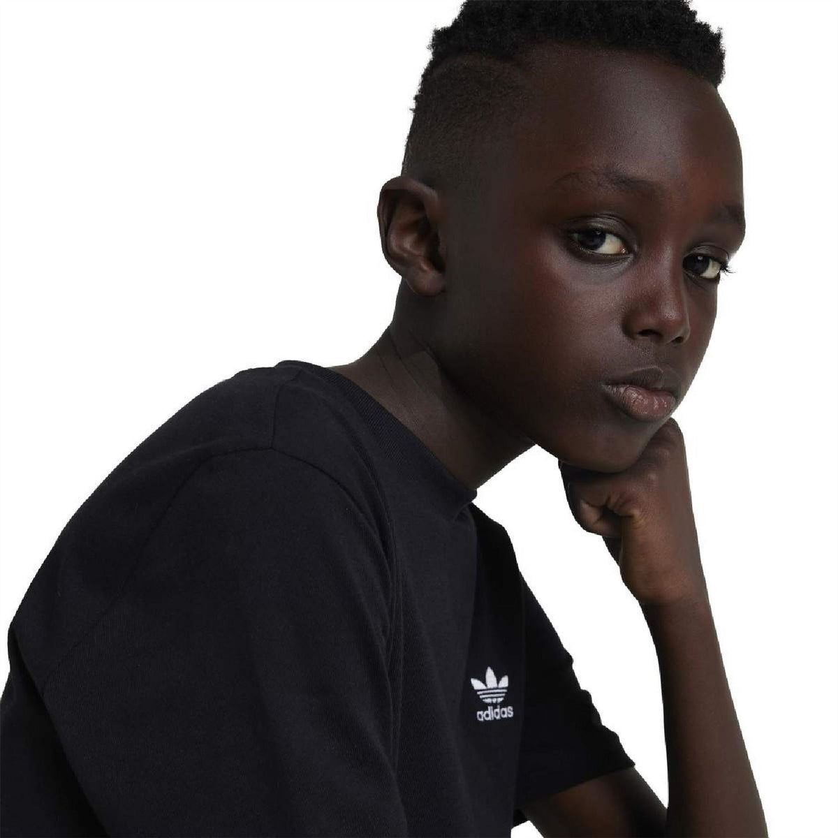 Black adidas Originals juniors T-shirt with side view and chest logo detail