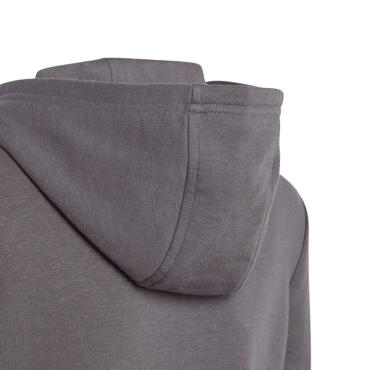 Grey junior hoodie hood lining and seam detail, pullover with drawstring hood
