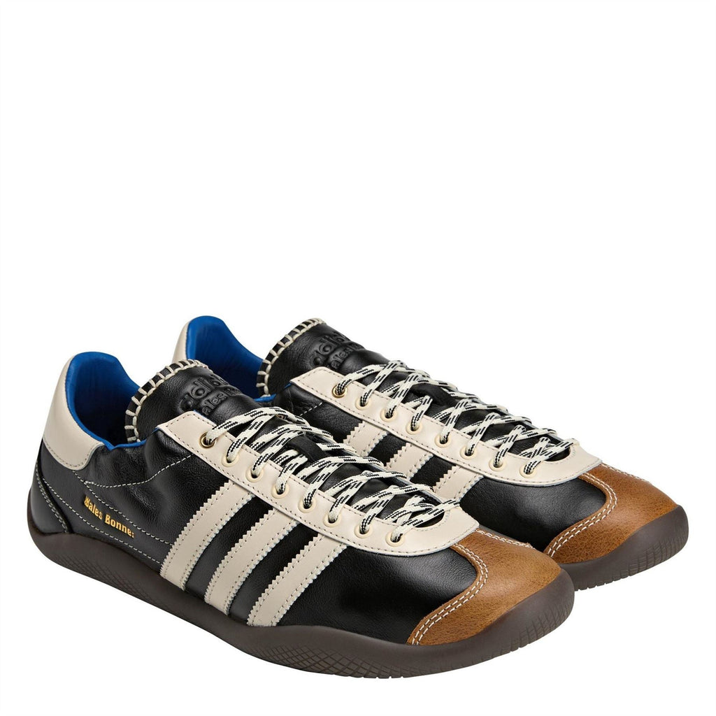 adidas Originals Wales Bonner Karintha sneakers, front 3/4 pair: black, white stripes, tan, blue