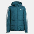 Teal junior padded hooded jacket with full zip and adidas logo, white sleeve stripes