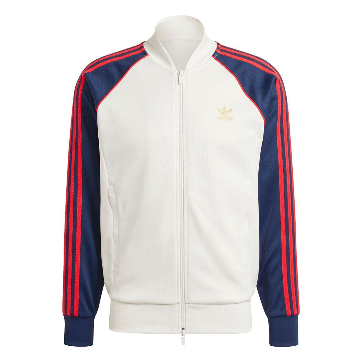 White track jacket with navy sleeves and red side stripes, full-zip front, ribbed hem