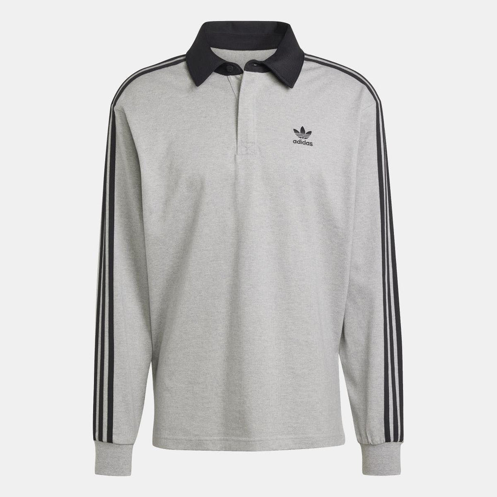 Grey adidas rugby polo shirt with black collar and three black sleeve stripes