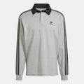 Grey adidas rugby polo shirt with black collar and three black sleeve stripes
