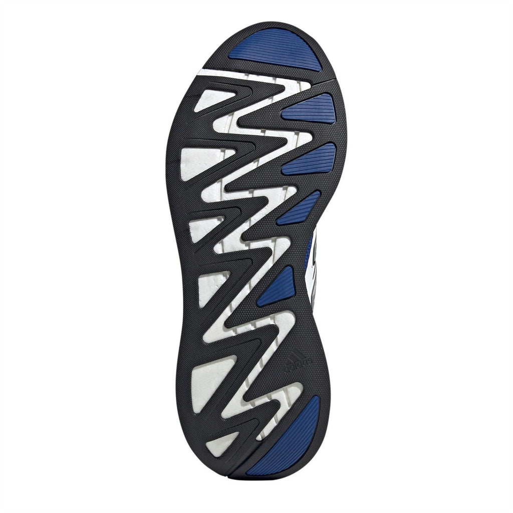 Blue-and-white shoe outsole with textured tread and zigzag traction pattern