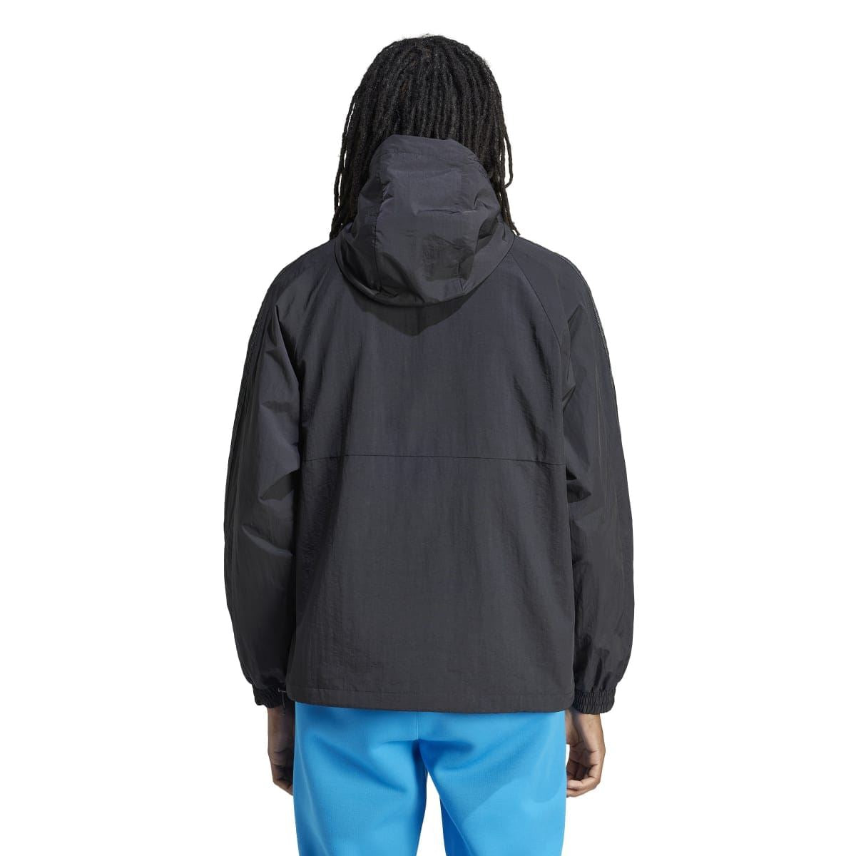 Black hooded anorak jacket with back view; gathered hem and elastic cuffs