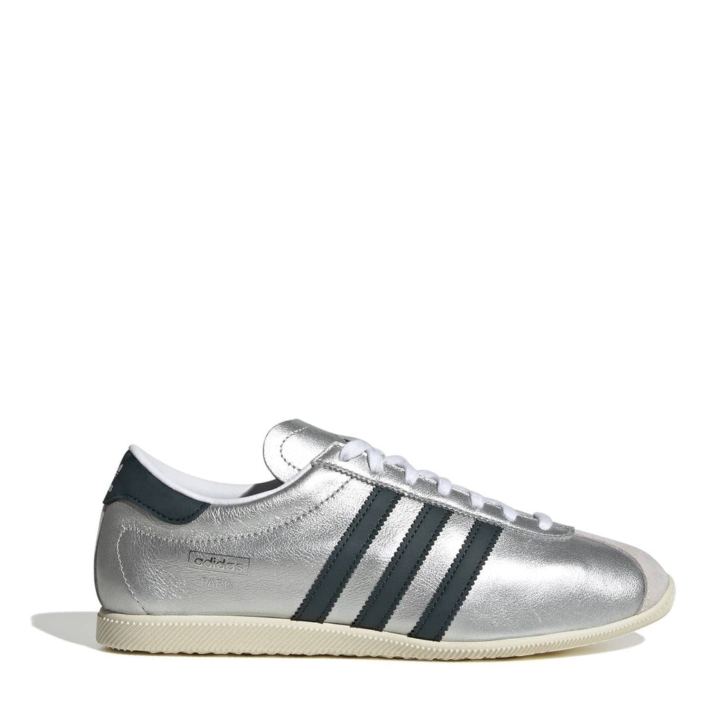 adidas Originals low-top lace-up sneakers, silver with dark green stripes and gum sole
